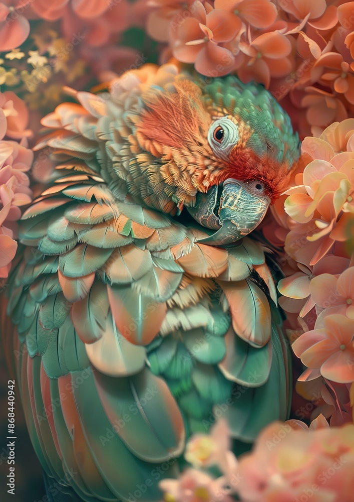 Obraz premium A parrot surrounded by a sea of ​​​​tiny flowers. 8k