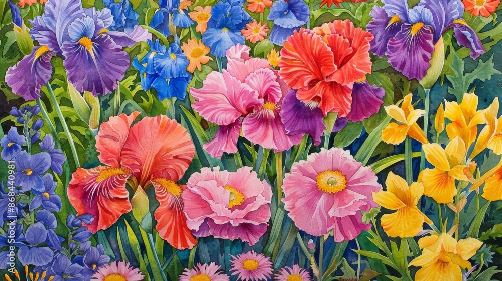 A vivid display of assorted flowers including irises, poppies, and daffodils, set against a background of lush greenery, capturing the essence of a blooming garden in full splendor. A vivid display of assorted flowers including irises, poppies, and daffodils, set against a background of lush greenery, capturing the essence of a blooming garden in full splendor.