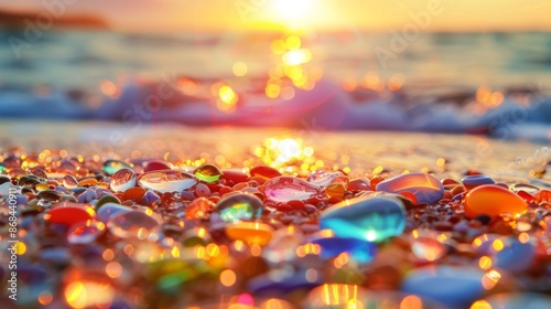 A beautiful photograph capturing a beach with colorful sea glass and stones glistening under the warm glow of a sunset, with gentle waves in the background.