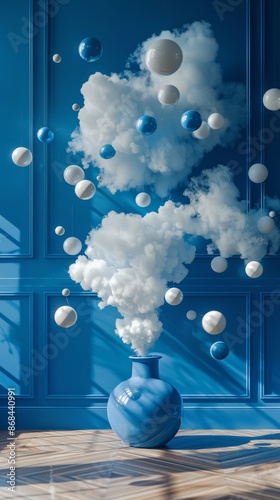 vogue creative style intellectual sophisticated joyful minimalistic living room, vase, clouds and blue yves klein balls are flying in it, joyful, french contemporary style