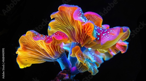 This image showcases a visually stunning arrangement of bright, luminescent mushrooms in an array of vivid colors, creating an abstract and mesmerizing visual experience. photo