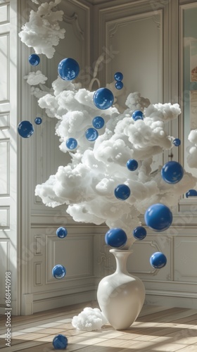 vogue creative style intellectual sophisticated joyful minimalistic living room, vase, clouds and blue yves klein balls are flying in it, joyful, french contemporary style