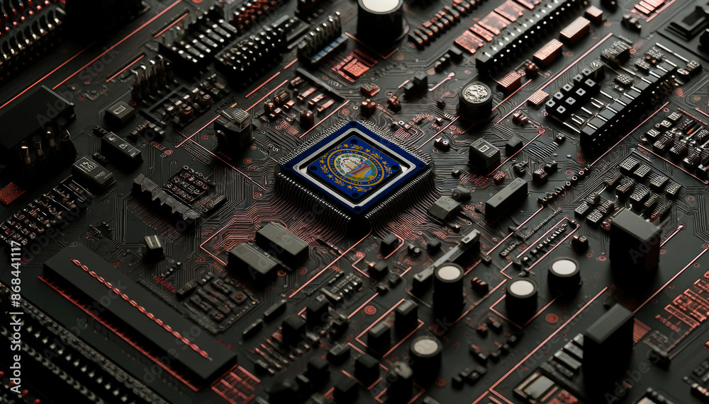 A high-tech circuit board featuring a microchip with the New Hampshire flag, emphasizing the New Hampshire role in pioneering cutting-edge technology and electronics A high-tech circuit board featuring a microchip with the New Hampshire flag, emphasizing the New Hampshire role in pioneering cutting-edge technology and electronics