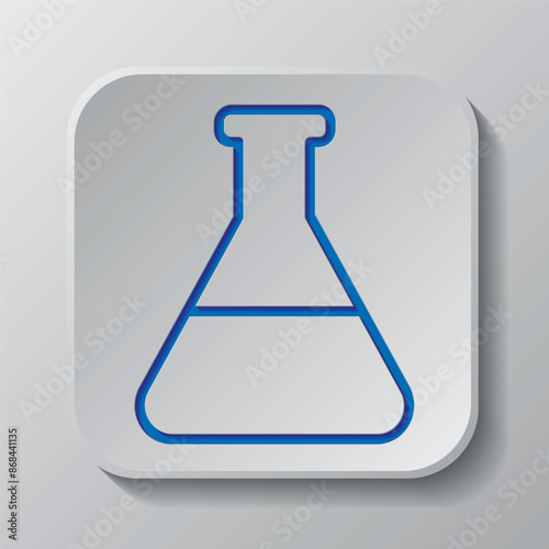 Flask simple icon vector. Flat design. Paper cut design. Cutted blue symbol with shadow. Gray badge button, gray background