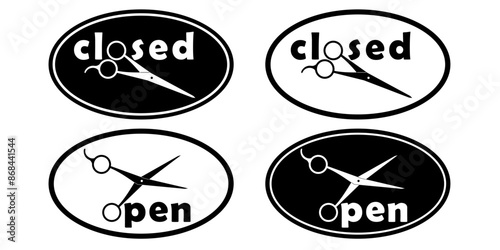 set of labels. Hairdressing salon. closed, open