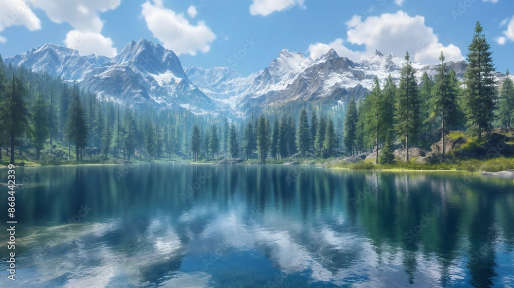Photo of untouched nature and landscape. A lake at the foot of snow-covered mountains with clear and clean water is surrounded by forest. Great valley for camping and travel, tourism, and adventure Photo of untouched nature and landscape. A lake at the foot of snow-covered mountains with clear and clean water is surrounded by forest. Great valley for camping and travel, tourism, and adventure