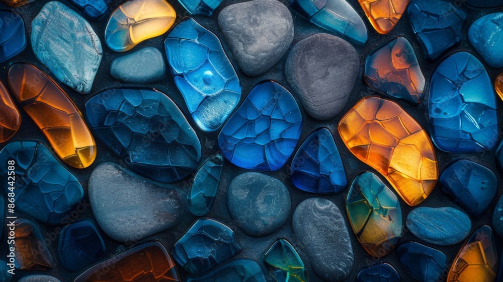 The image showcases a vibrant arrangement of blue and orange stones, featuring intricate details and patterns that create a striking and captivating visual effect. The image showcases a vibrant arrangement of blue and orange stones, featuring intricate details and patterns that create a striking and captivating visual effect.