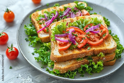 A plate of sandwiches with lettuce and tomatoes on top