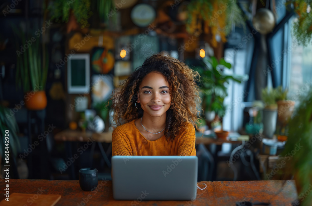 A young, cheerful woman with curly hair is depicted working on her laptop in a lively, plant-adorned interior space