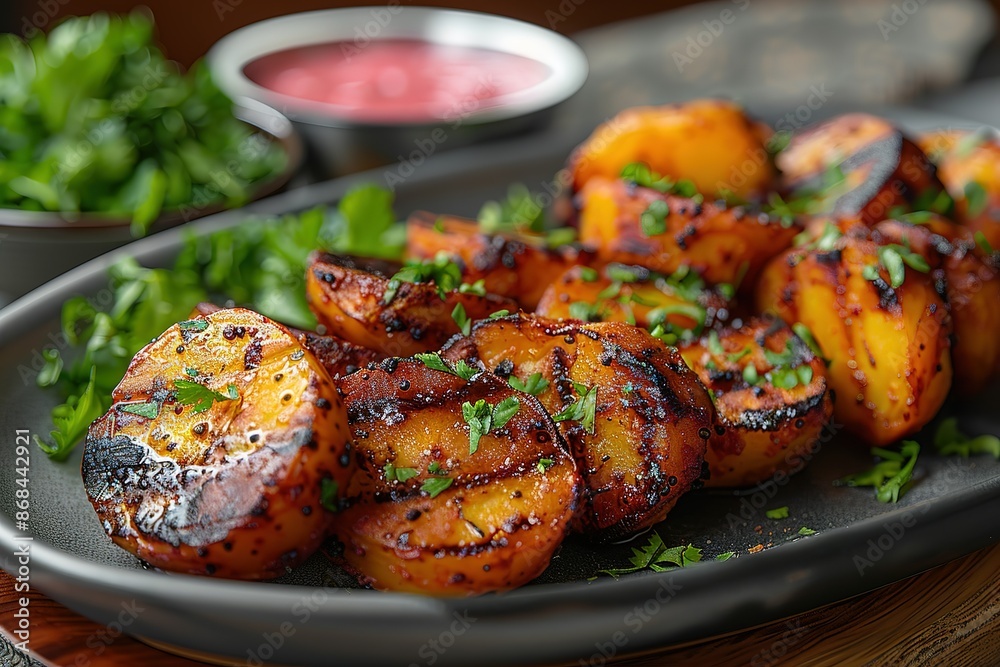 A plate of grilled potatoes with parsley on top A plate of grilled potatoes with parsley on top