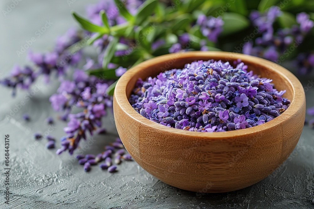 A bowl of lavender flowers sits on a table A bowl of lavender flowers sits on a table