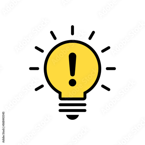 Light bulb with exclamation mark icon in flat design. Warning sign symbol