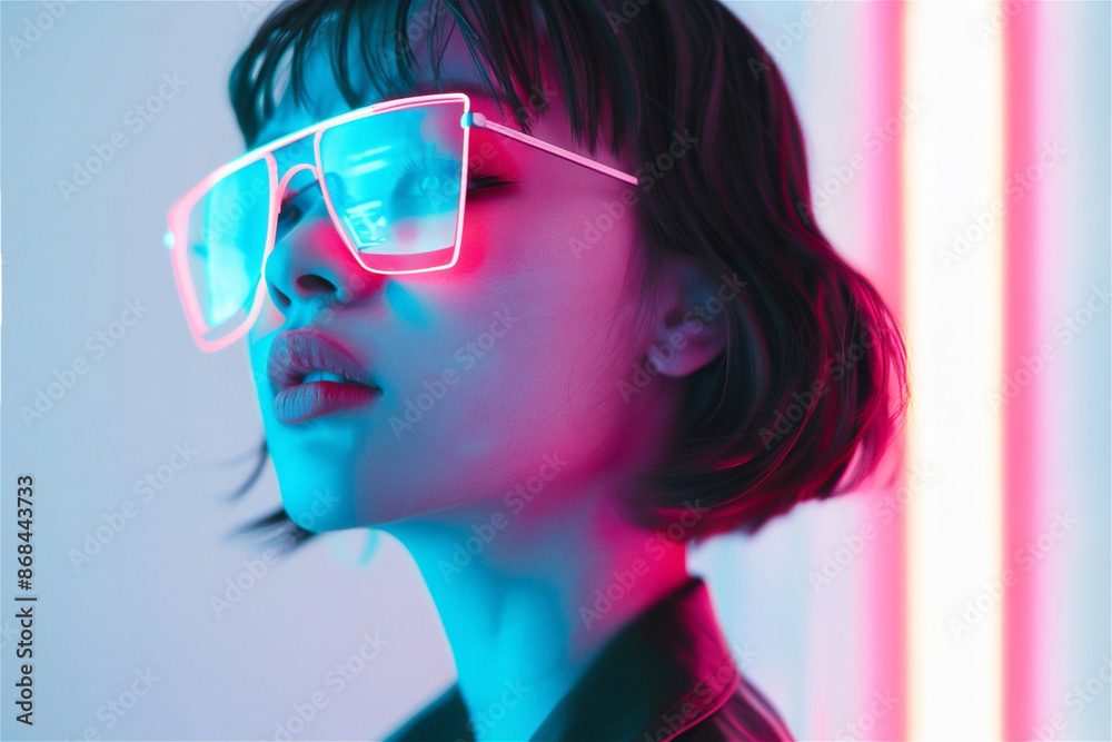 Portrait of cool stylish girl with a fashionable hairstyle and stylish neon glasses on the pink and blue studio background Portrait of cool stylish girl with a fashionable hairstyle and stylish neon glasses on the pink and blue studio background