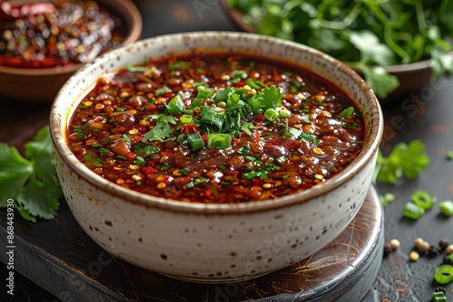 A bowl of chili with chopped parsley on top