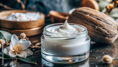 A jar of cream sits on a table with a few flowers and a wooden bowl