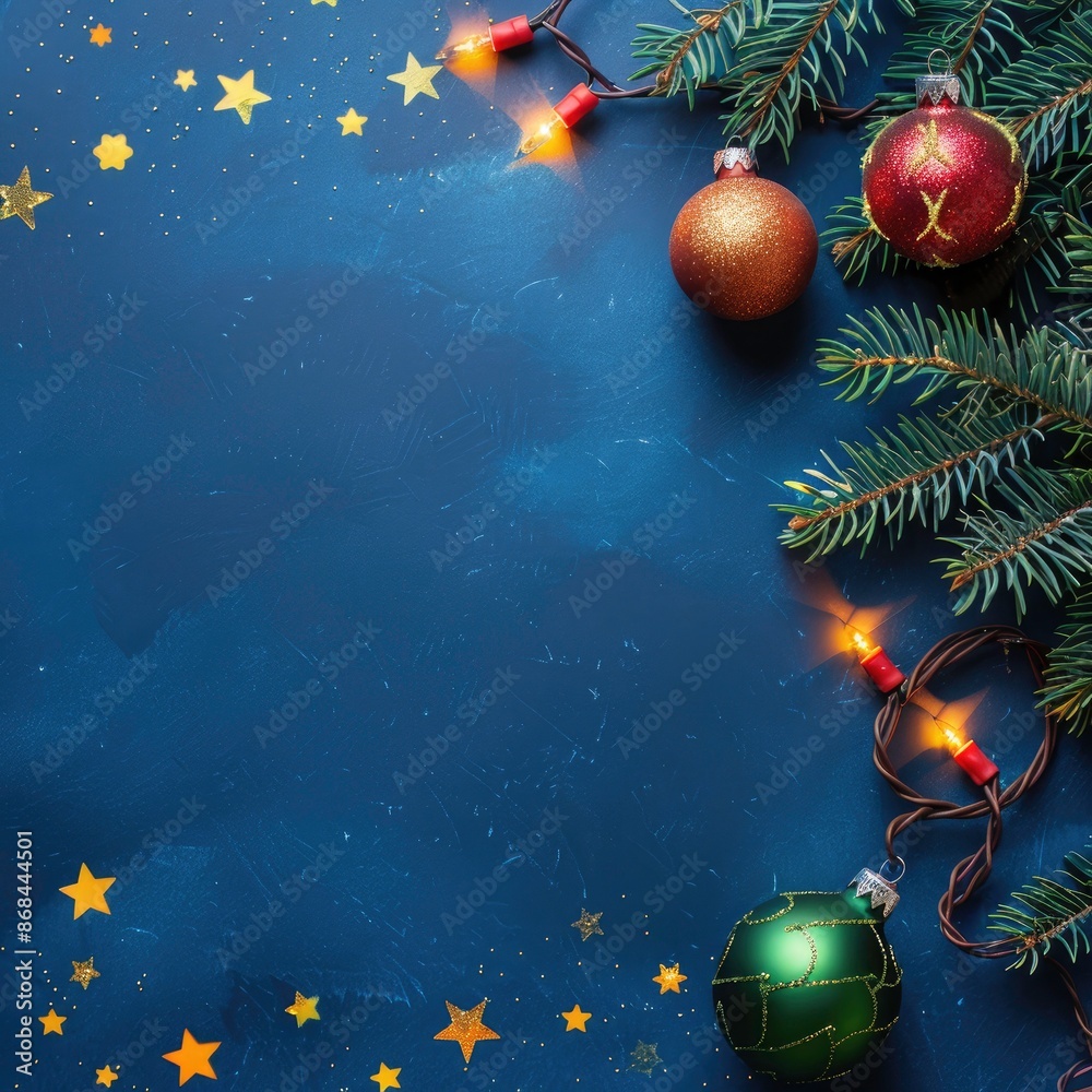 Christmas hanging balls with Christmas tree branch background. Christmas greeting, Christmas decoration