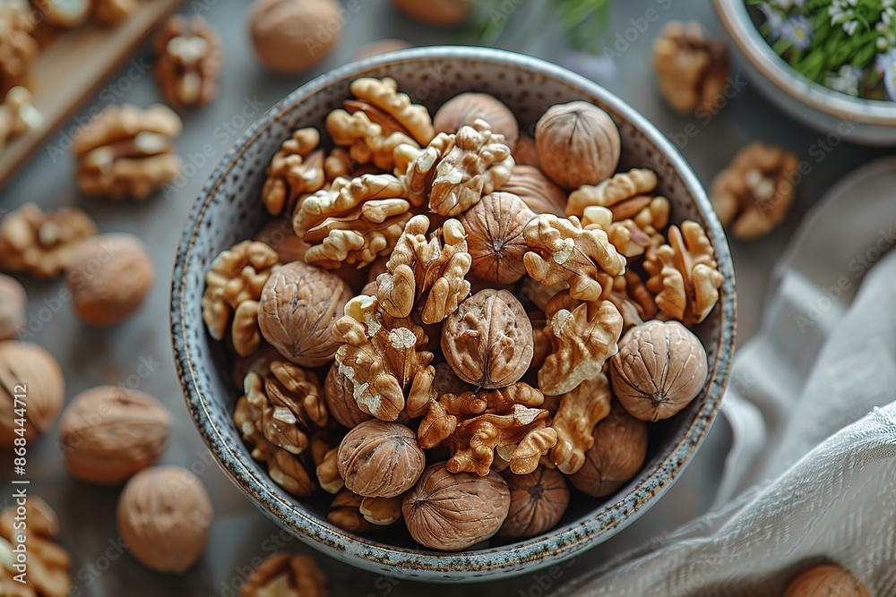 A bowl of walnuts is on a table A bowl of walnuts is on a table
