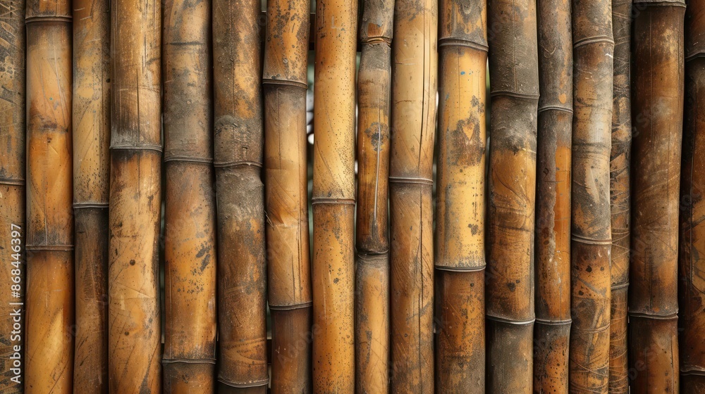 Eco-friendly screen wall made from bamboo poles arranged in a staggered vertical pattern Eco-friendly screen wall made from bamboo poles arranged in a staggered vertical pattern