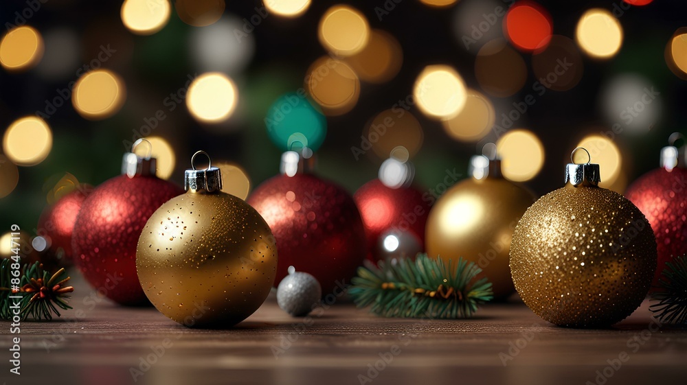 Christmas background with shiny balls and blurred bokeh lights. Christmas background with shiny balls and blurred bokeh lights.