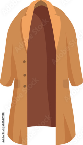 Illustration of a long brown coat hanging open, revealing the inside lining