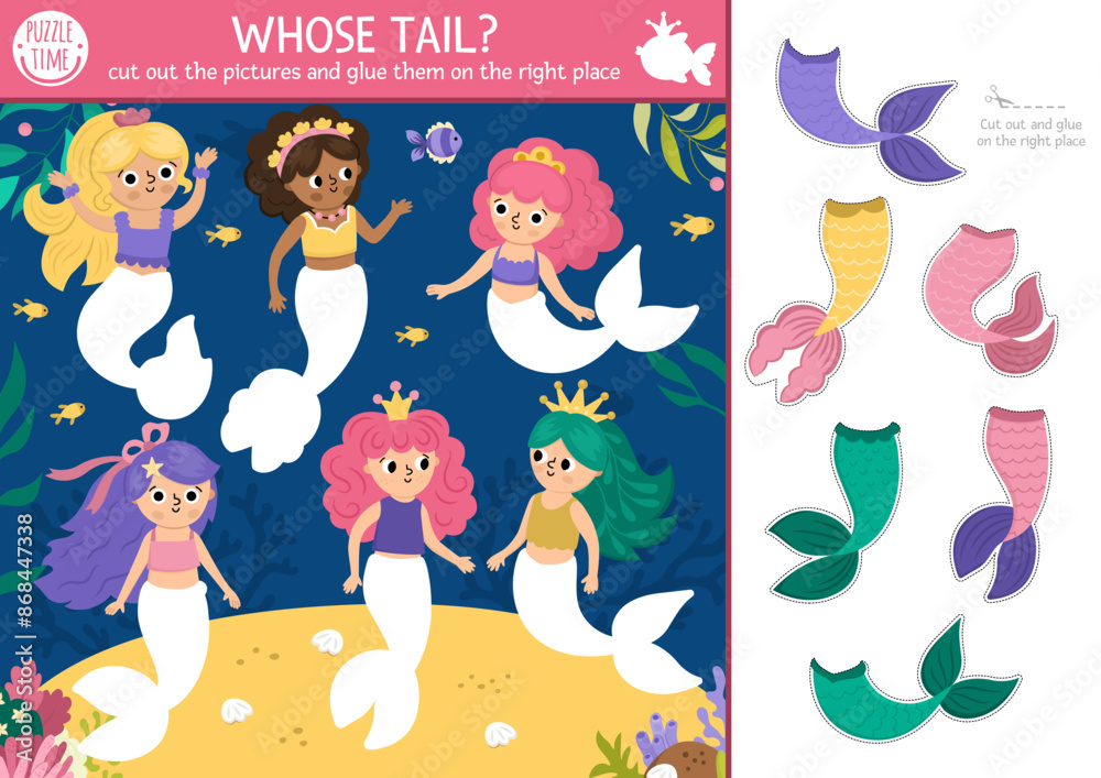 Fototapeta premium Vector mermaid cut and glue activity. Crafting game with cute underwater landscape with sea princess colored tails. Fun marine printable worksheet for children. Find the right piece of the puzzle.