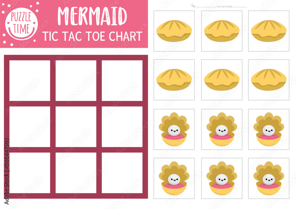 Vector mermaid tic tac toe chart with seashell and pearl. Ocean kingdom board game playing field with cute characters. Funny marine fairytale printable worksheet. Noughts and crosses grid . Vector mermaid tic tac toe chart with seashell and pearl. Ocean kingdom board game playing field with cute characters. Funny marine fairytale printable worksheet. Noughts and crosses grid .