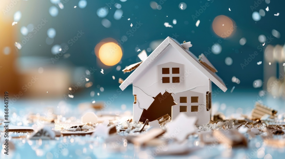 Naklejka premium A miniature house broken into pieces, symbolizing the division of property and financial struggles, illuminated by soft bokeh lights, evoking the emotional impact of divorce and poverty.