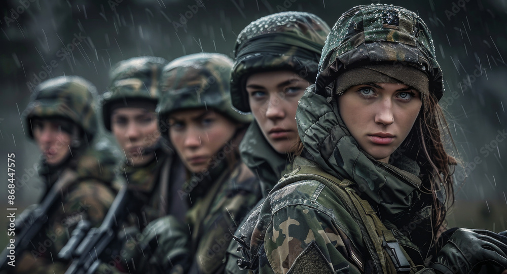 Fototapeta premium Determined Young Woman Soldier in Camouflage Under Rain. Generative ai