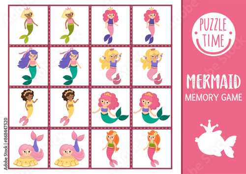 Vector mermaid memory game cards with cute sea princess. Ocean kingdom matching activity. Remember and find correct card. Simple marine fairytale printable worksheet for kids.