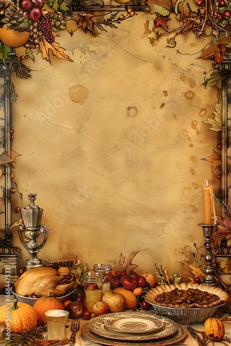 Bountiful Thanksgiving Table with Rustic Autumn Inspired Decor and Blank Space for Custom Text photo