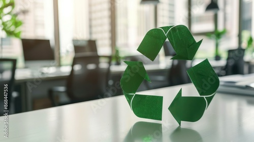 Green recycle symbol icon sign with professional environment background to represent recycling or sorting of waste at office and for working people. 