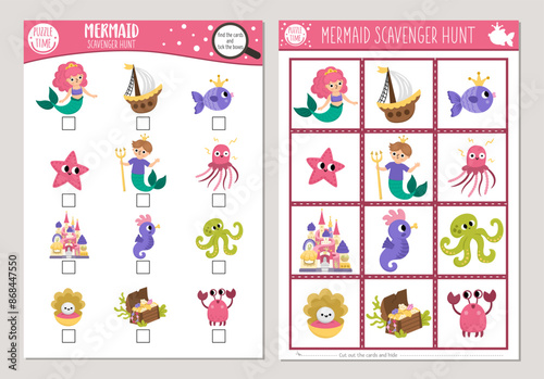 Vector mermaid scavenger hunt cards set. Seek and find game with cute sea princess, castle, merman for kids. Ocean kingdom searching activity. Simple marine educational printable worksheet.