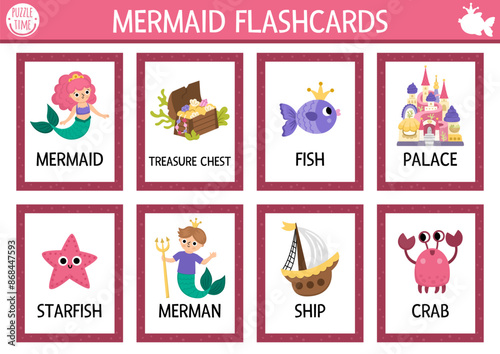 Vector mermaid flash cards set with sea princess, palace, ship, merman, fish. Ocean kingdom English language game for kids. Marine fairytale flashcards. Educational printable worksheet.