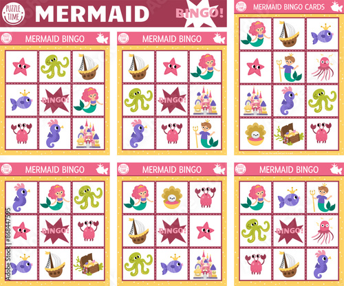 Vector mermaid bingo cards set. Fun family lotto board game with cute sea princess, castle, merman, fish for kids. Ocean kingdom lottery activity. Simple marine educational printable worksheet.