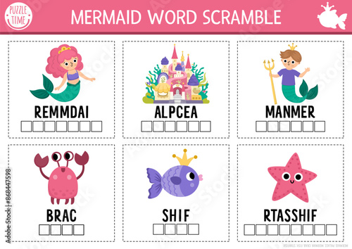 Vector mermaid activity page with word scramble cards. English language game with sea princess, castle, merman for kids. Ocean kingdom family quiz. Marine educational printable worksheet.