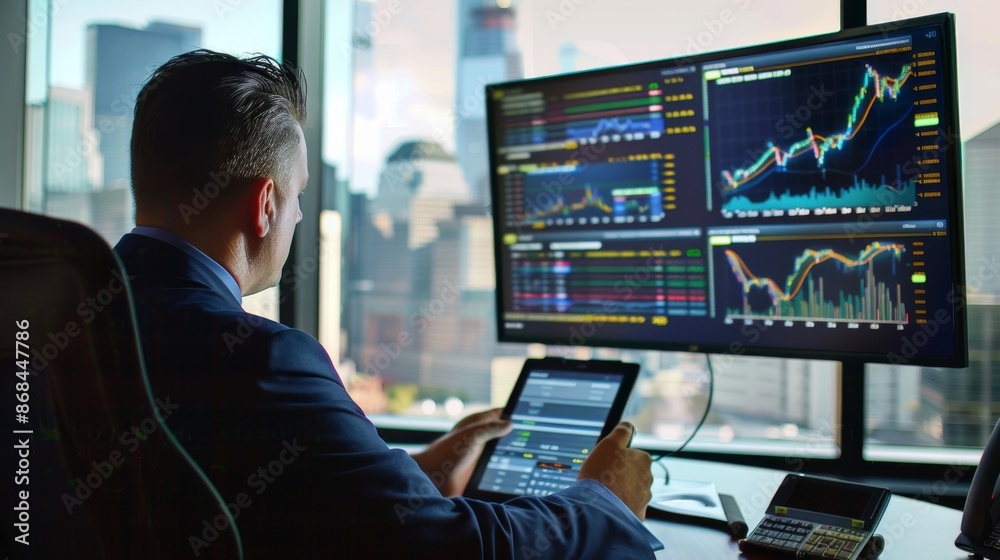 Businessman analyzing financial data on multiple screens with city view, focusing on trends and market performance from office. Businessman analyzing financial data on multiple screens with city view, focusing on trends and market performance from office.