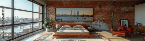 Industrialchic bedroom exposed brick wall metal bed frame large windows with bright natural light minimalist decor and modern furnishings creating a contemporary yet cozy vibe photo