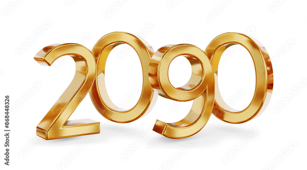 2090, number golden metallic, new year change, 3d-illustration, gold colored icon as symbol, isolated