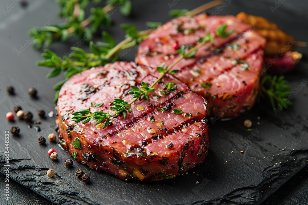 Two pieces of meat with herbs and spices on top of a black plate Two pieces of meat with herbs and spices on top of a black plate