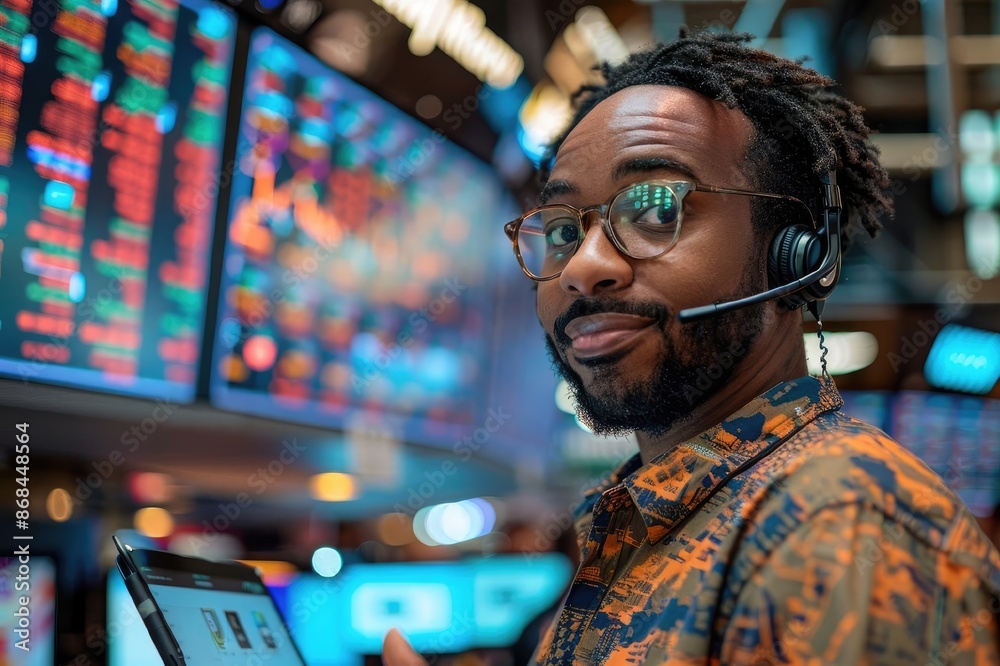 Obraz premium A focused African American analyst scrutinizes data on a tablet surrounded by screens displaying real-time financial charts and trends.
