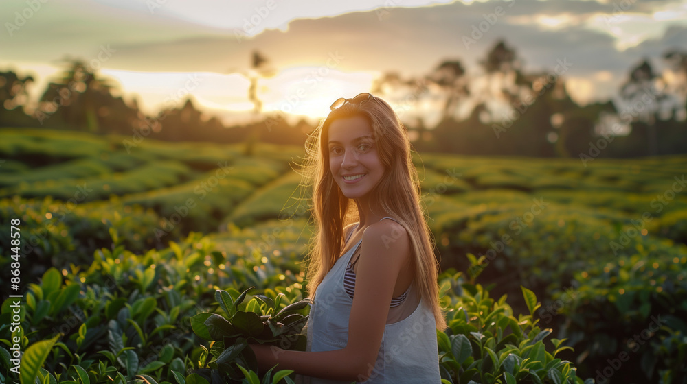 Fototapeta premium beautiful woman standing in the middle of a large tea garden, with rows of tea plants neatly arranged around her, Ai generated Images