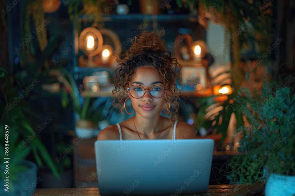 Young professional woman engrossed in laptop work in an ambiently lit botanical setting Young professional woman engrossed in laptop work in an ambiently lit botanical setting