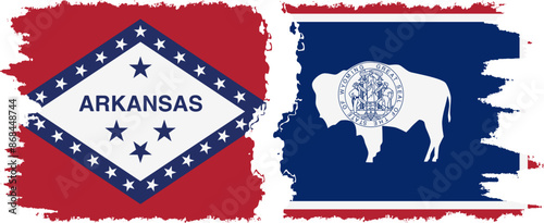 Wyoming and Arkansas states grunge brush flags connection vector