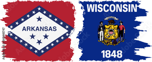 Wisconsin and Arkansas states grunge brush flags connection vector