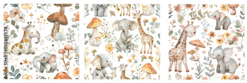 Baby nursery seamless pattern in pastel color with watercolor woodland animals.