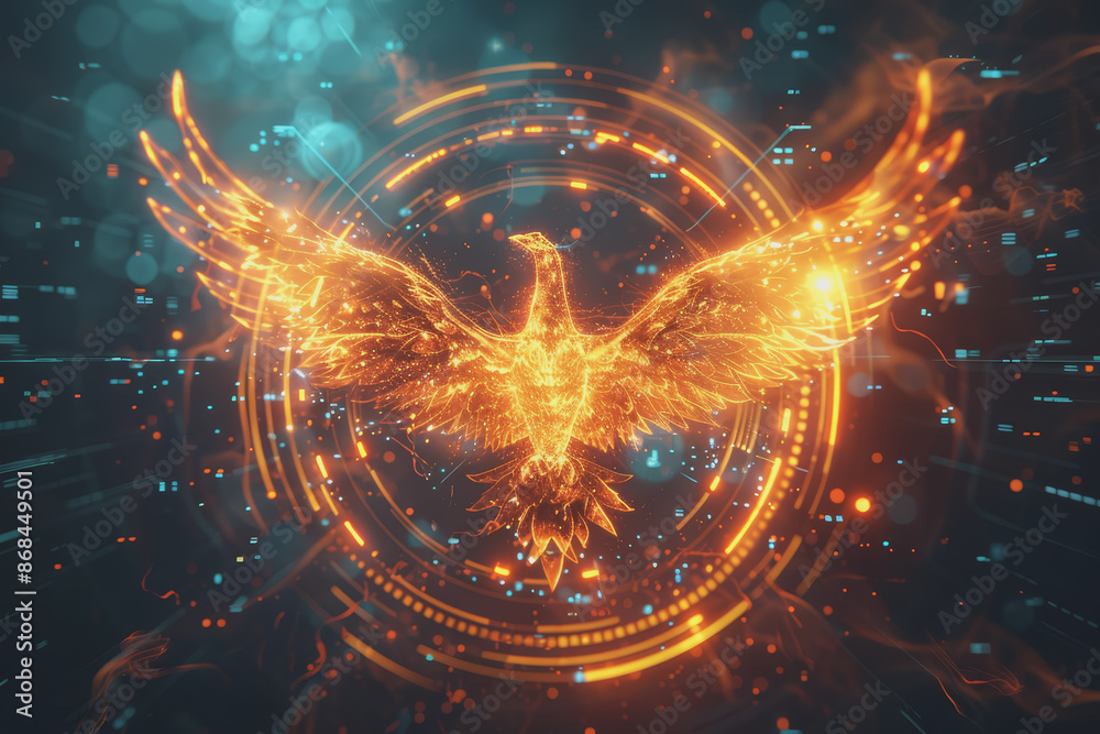 The flames formed the outline of a phoenix. and icons showcase innovative technology.