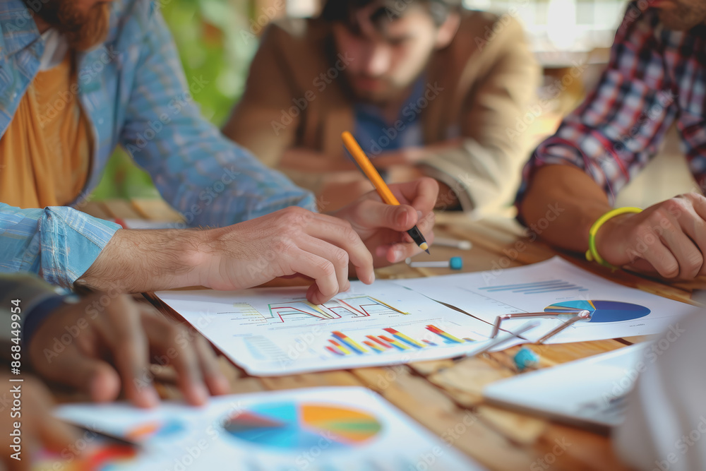 Business team having a meeting to analyze data graph charts for a marketing plan in the office. Business team having a meeting to analyze data graph charts for a marketing plan in the office.