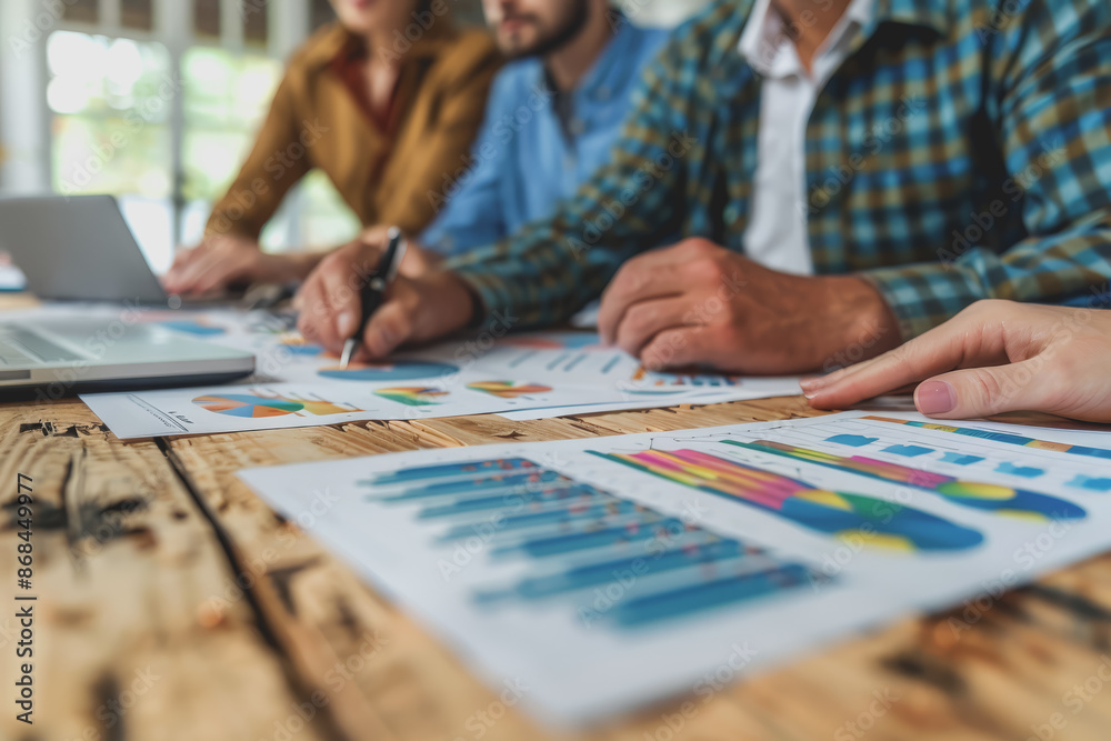 Business team having a meeting to analyze data graph charts for a marketing plan in the office. Business team having a meeting to analyze data graph charts for a marketing plan in the office.