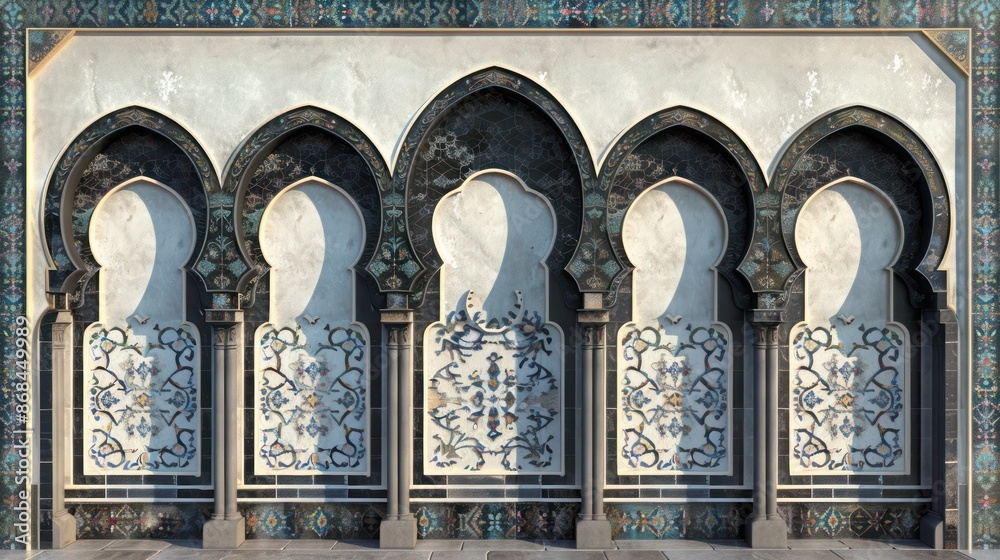 Fototapeta premium Moroccan-style screen wall with arched silhouettes and detailed tile inlays