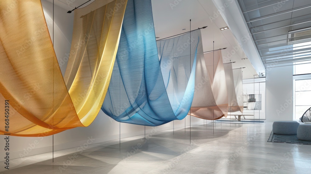 Obraz premium Screen wall composed of adjustable fabric sails, inspired by nautical designs, allowing for flexible coverage and artistic installation